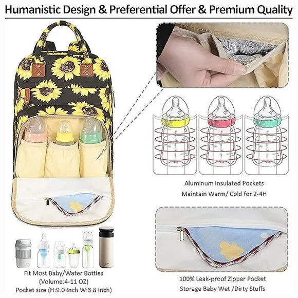 Diaper Bag Backpack for Women Large Capacity, Baby Bag Sunflower Floral - Picture 2 of 8